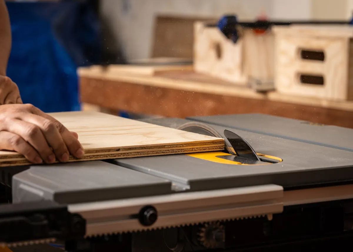 Circular saw cutting a sheet of plywood on a workshop workbench