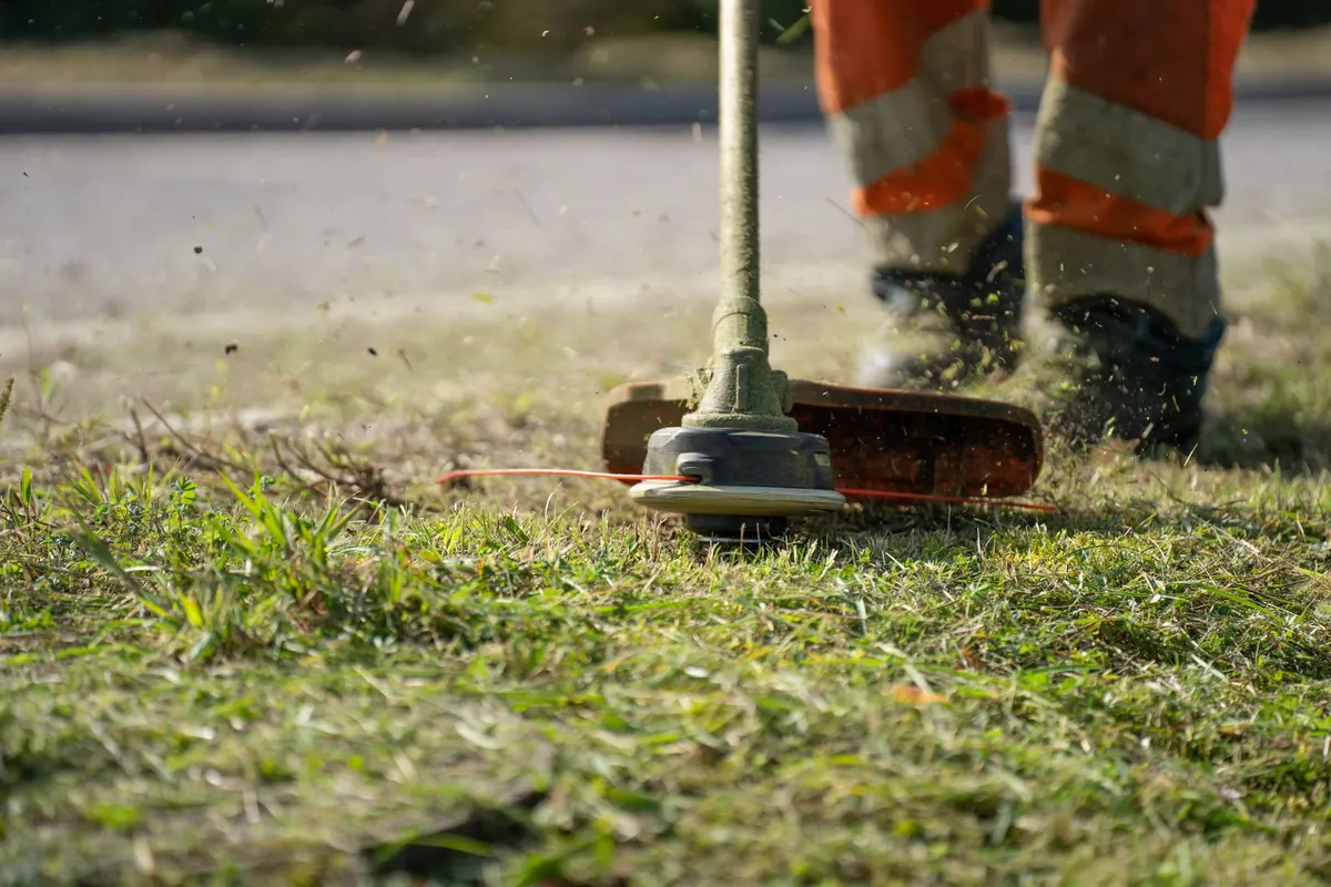 A battery-powered string trimmer cutting a crisp edge along a concrete sidewalk