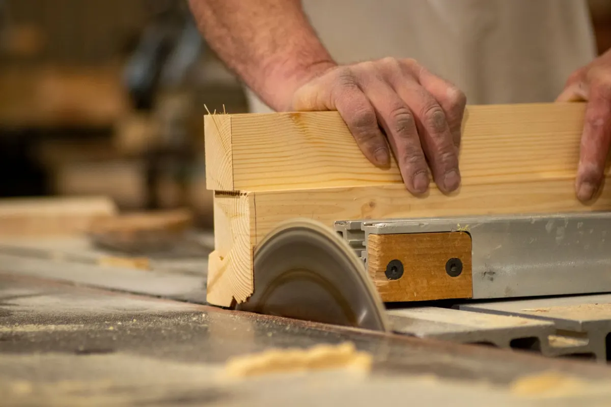 Table saw ripping a board of dimensional lumber in a home woodworking shop